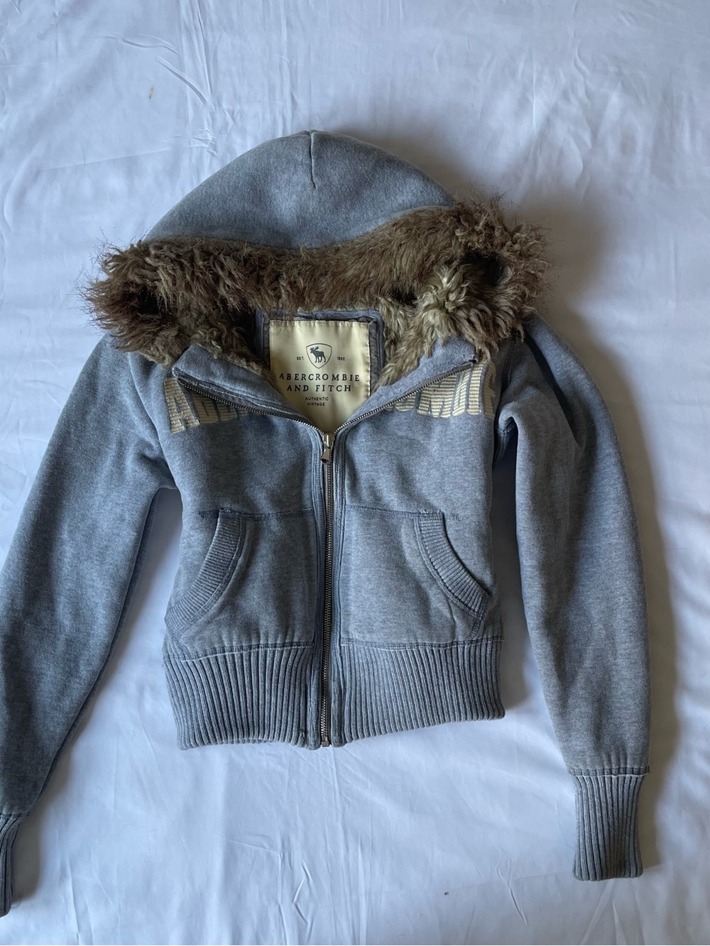 Abercrombie & Fitch Gray Kids Hooded Zip Sweatshirt with Faux Fur Trim